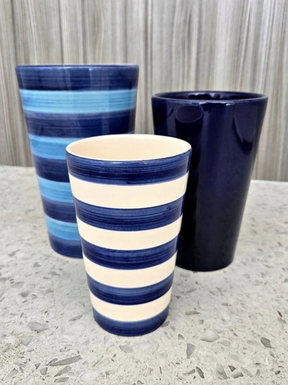 Vintage Ikea Set of 3 Ceramic Nesting Vases Blue Stripe 8" 7" 6" Modern Classic
